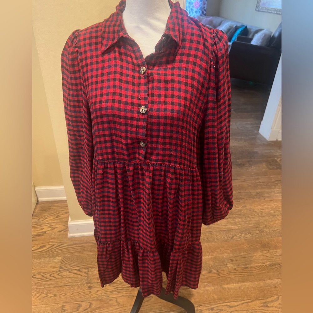Zara Buffalo plaid red/black checkered baby doll tiered long sleeve mini dress L